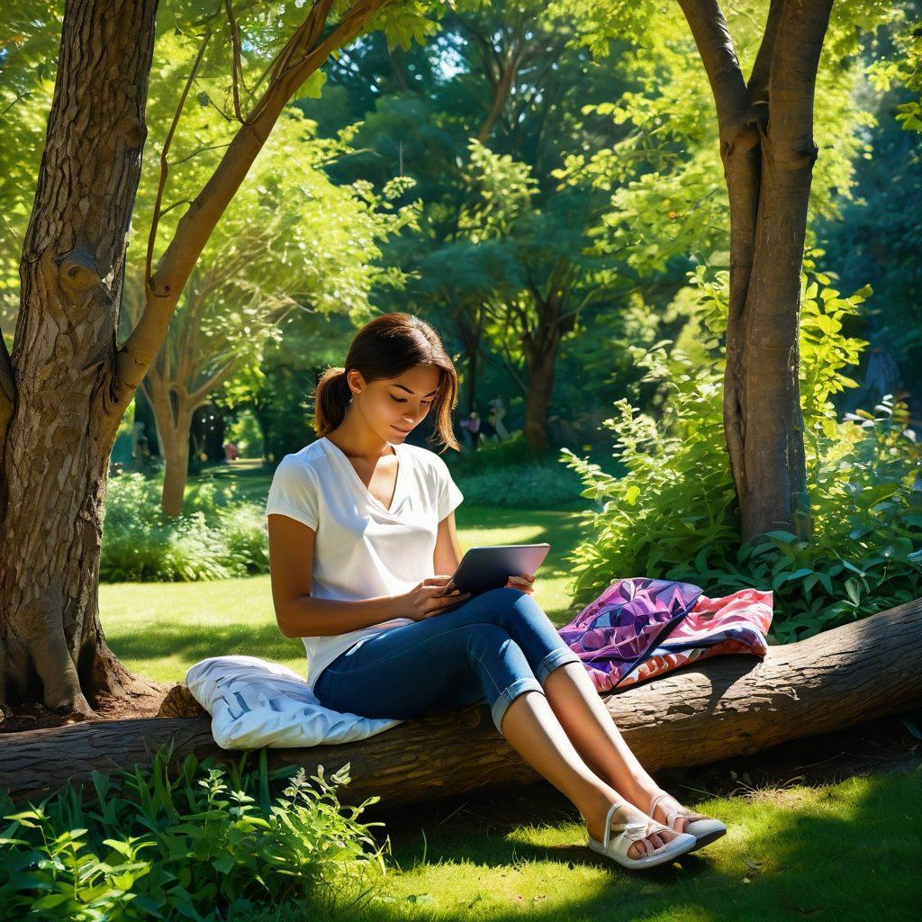 A serene figure sitting peacefully in a lush park, surrounded by nature, holding a digital device while their shadow reflects a vibrant collage of diverse identities and interests. Soft sunlight filtering through the trees creates a warm atmosphere, symbolizing joy and contentment amidst digital distractions. The background features subtle hints of technology intertwined with natural elements. vibrant colors. digital art.