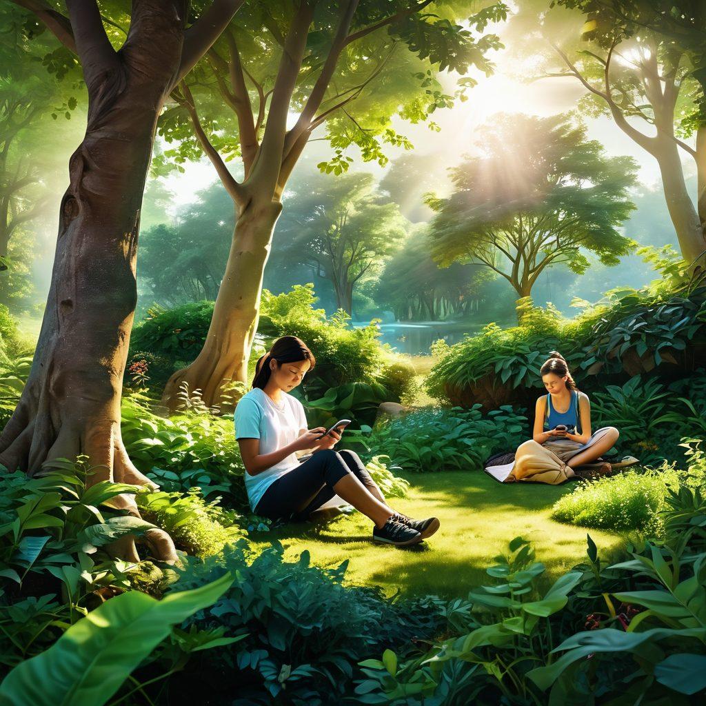 A serene landscape merging a digital world with nature, featuring a glowing smartphone nestled in lush greenery, symbolizing online safety. Surround it with joyful figures engaged in activities like reading and laughing, reflecting personal satisfaction. Soft sunlight breaking through leaves creates a warm, inviting atmosphere. The scene conveys harmony between technology and nature. super-realistic. vibrant colors. tranquil setting.