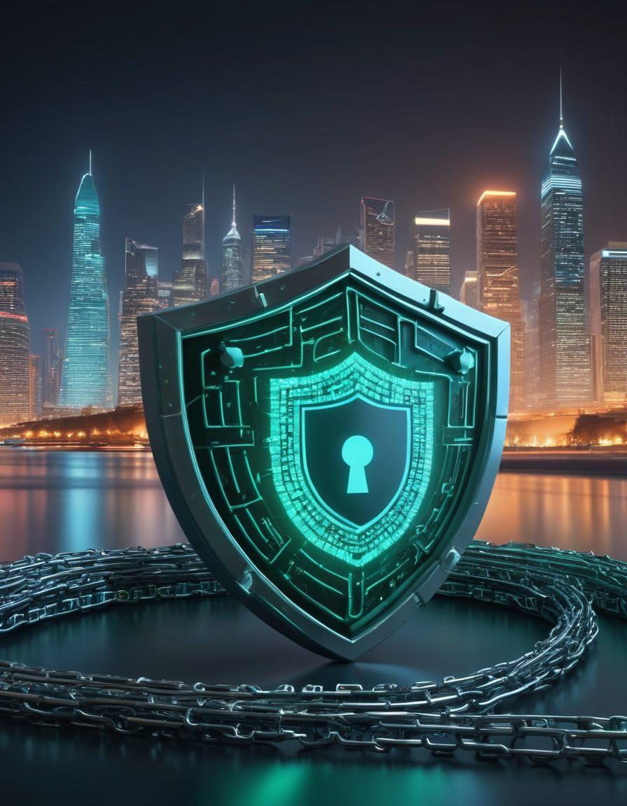 A digital fortress symbolizing protection, with a shield made of binary code surrounded by glowing locks and chains. In the background, a stylized city skyline infused with cyber elements, representing the online world. Incorporate elements of technology like firewalls and antivirus symbols, emphasizing security against digital threats. The color scheme should be a mix of deep blues and sharp greens to convey a sense of safety and technological advancement. super-realistic. vibrant colors. 3D.